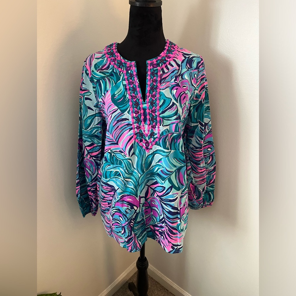 Lilly Pulitzer Coretta Tunic Seasalt Blue Dont Wanna Leaf Purple Small